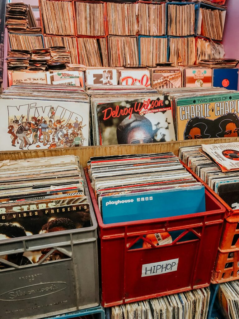 Crates full of vinyl albums at a record shop