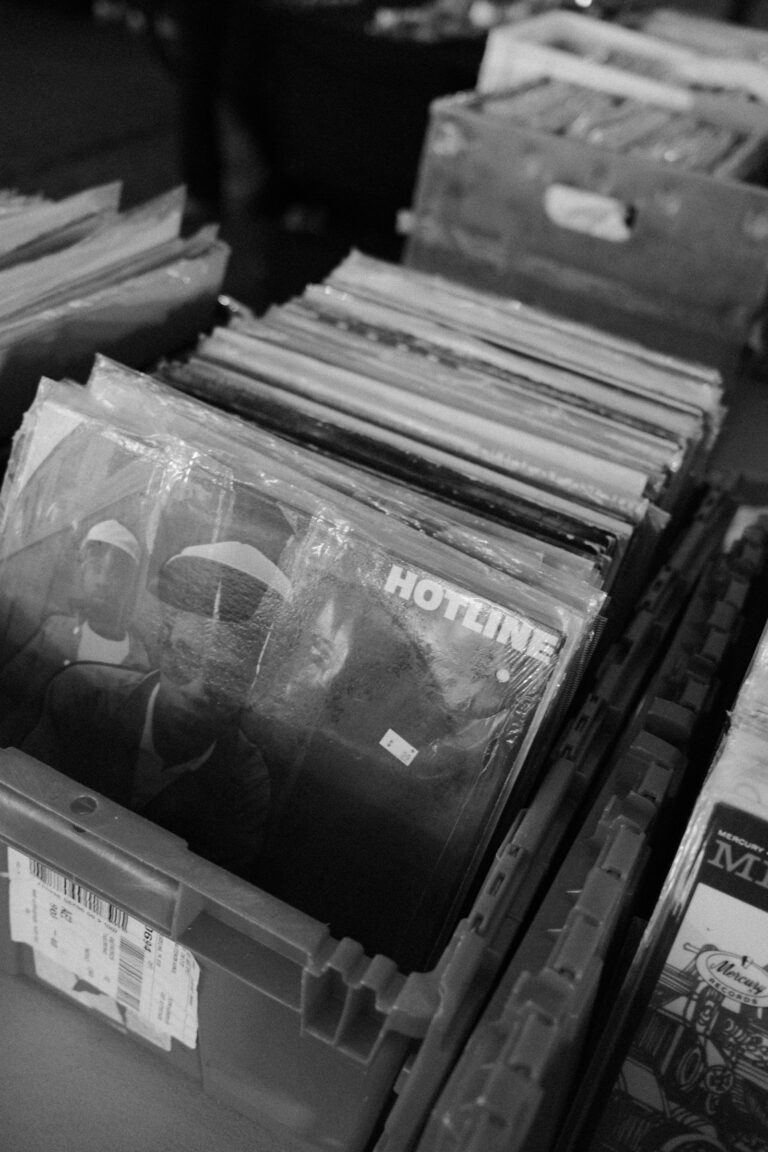 Vinyl records in plastic outer sleeves in a record bin